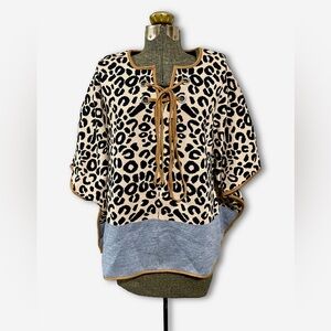 Anthropologie THML Tan Leopard Print Knit Poncho Sweater Lace Up Y2K Size S NWOT